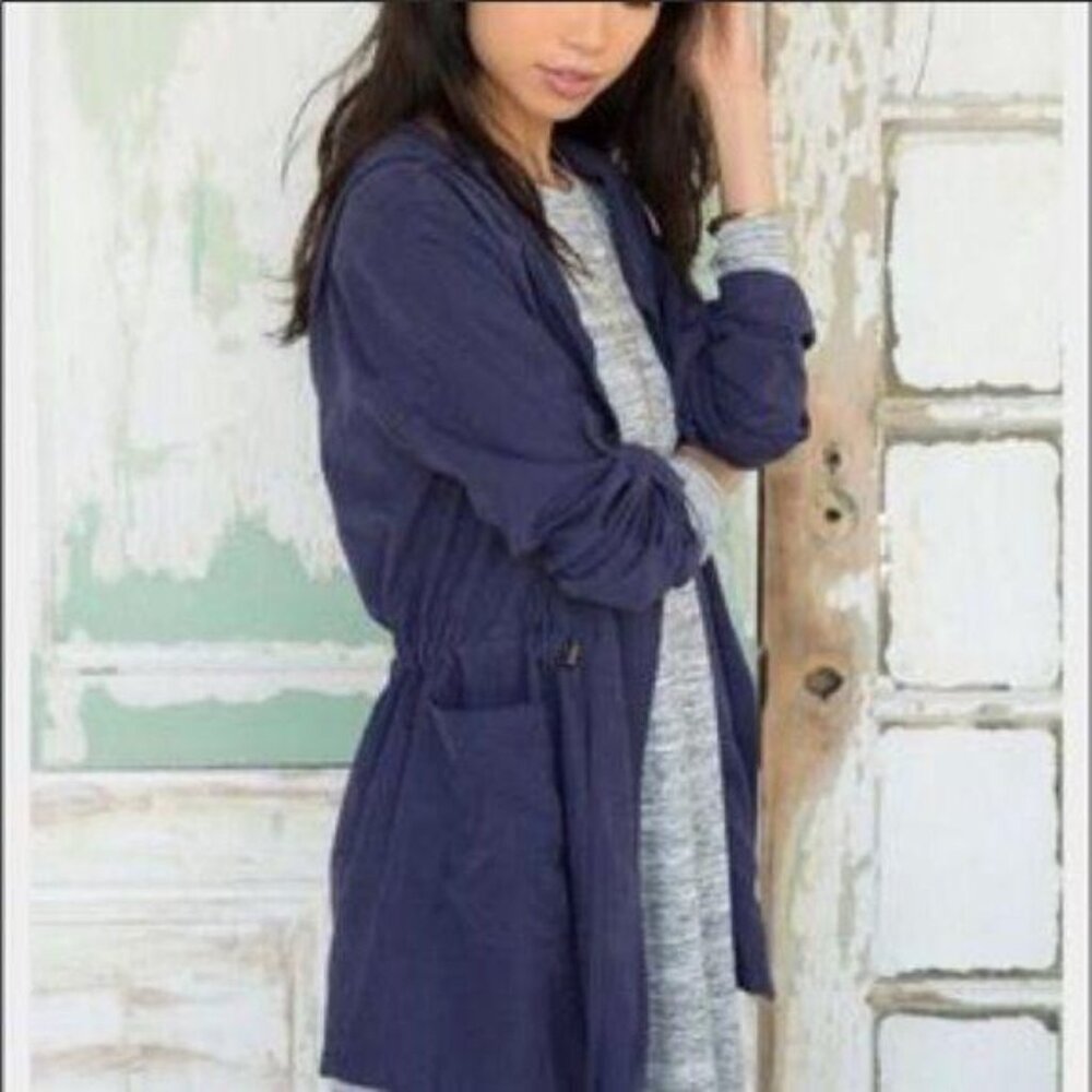 Alya Loose  Suede Lapel Utility Jacket Trench Navy Blue Small Boyfriend Fit Hood